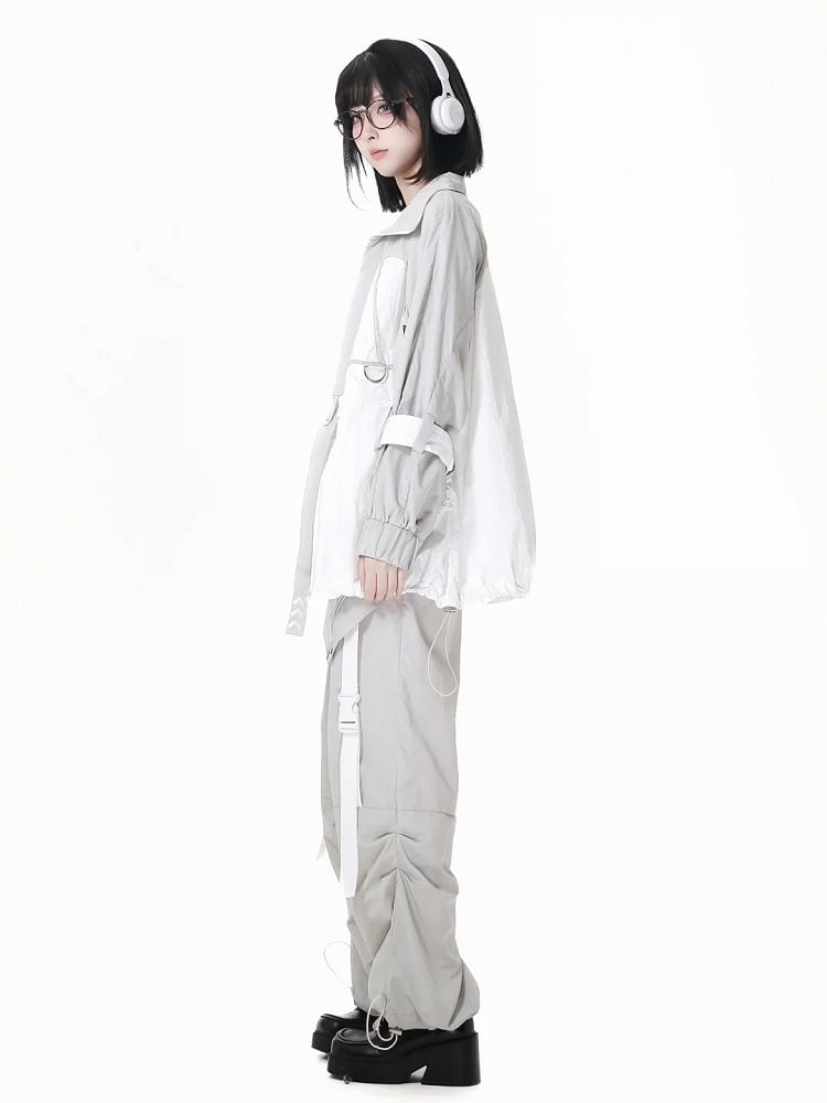 and White Techwear Sun Protection Jacket Gray Hem Colorblock Drawstring