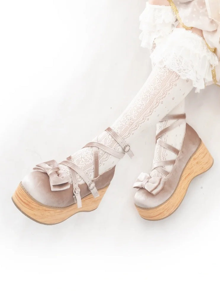 Heel with for Beige - Straps Janes Crossed Sweet Bow Platform Decor Lolita Mary