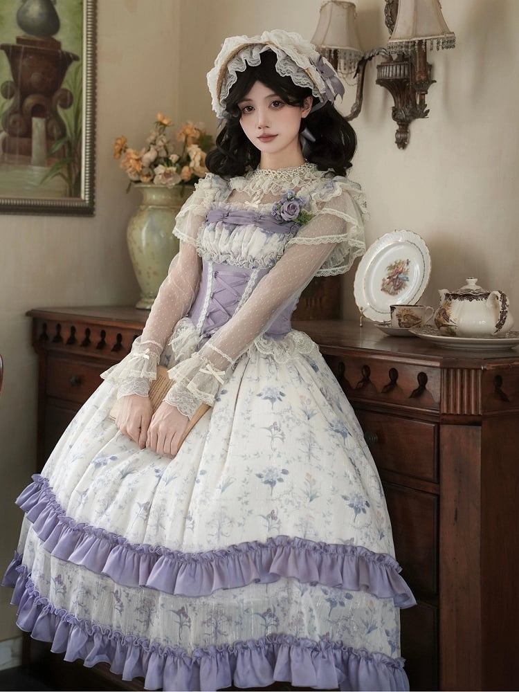 Print Floral Lolita Bodice Dress Skirt Jumper Classic Iris Corset Boned Purple