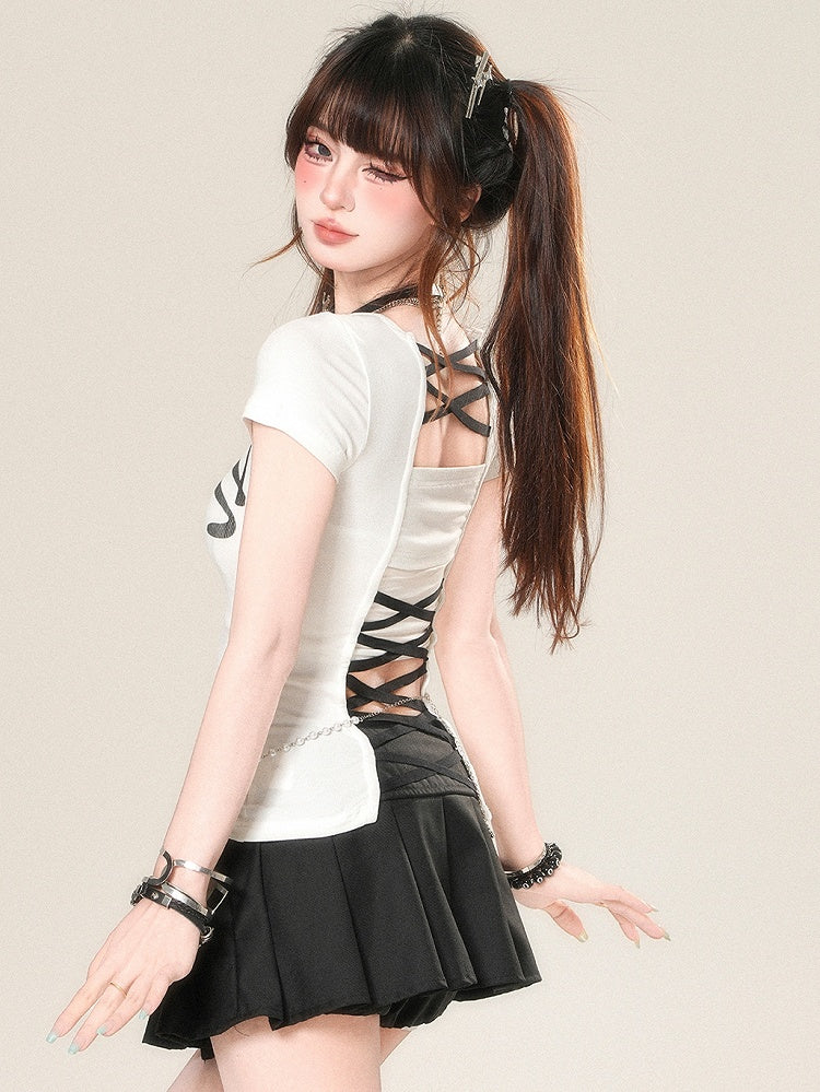 Glamorous Back Design White/Yellow/Black T-shirt Letter Print Criss-cross