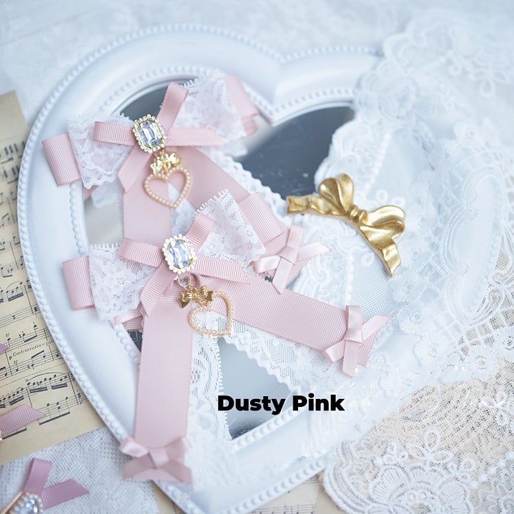 Beaded Heart Charm Jirai Kei Lace Bow Hairclips Dusty Blue/Dusty Pink/Blue/Black