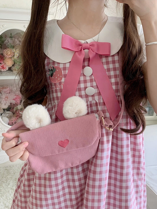 Pink Strawberry Peter Pan Collar Plaid Short Puff Sleeves Dress