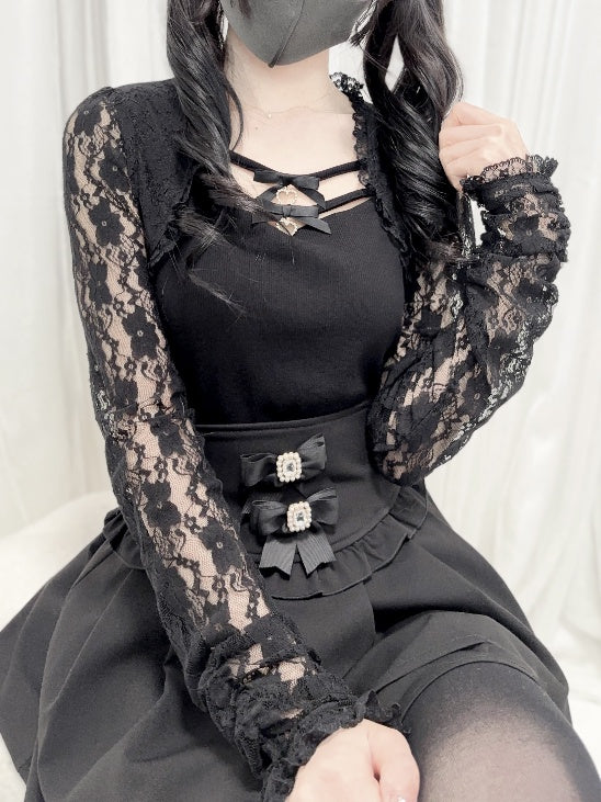 Jirai Kei Black/White Bowknots Neckline Lace Sleeves Top