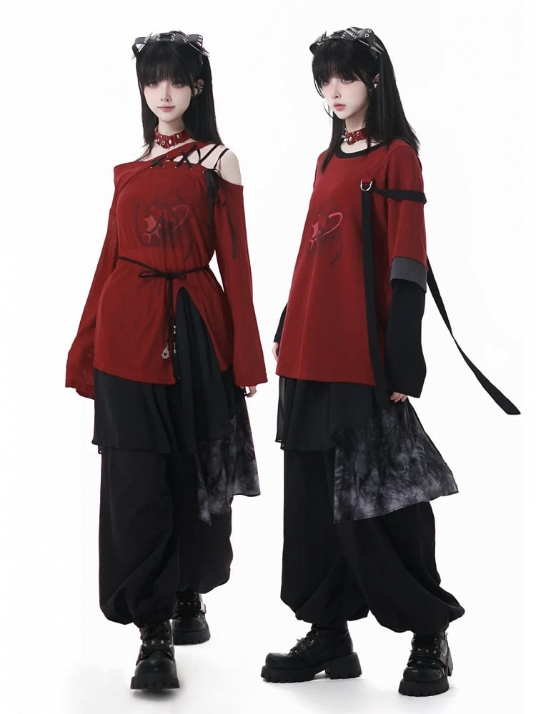 Graphic Top with Detachable Sleeves Style Black Cheongsam Red and