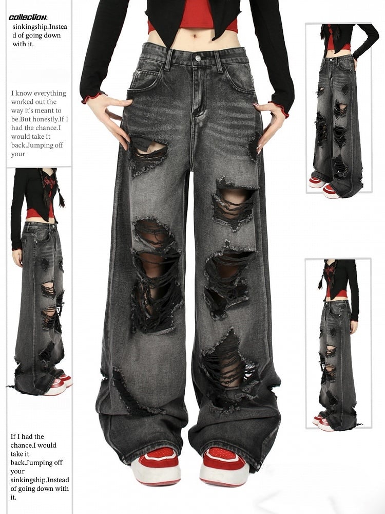 Waist Distressed Wide-Leg Jeans with Faded Wash Black Low