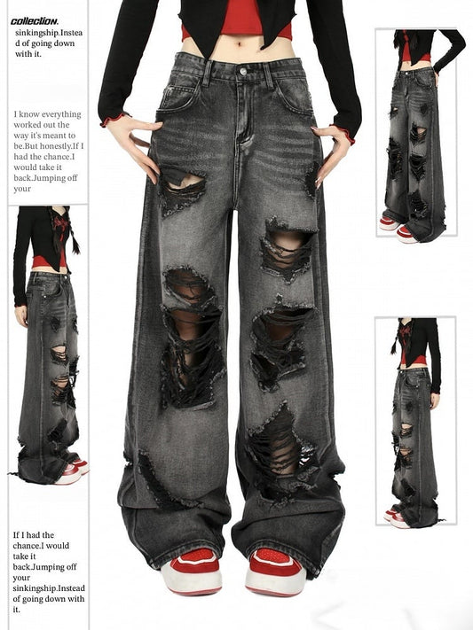 Waist Distressed Wide-Leg Jeans with Faded Wash Black Low