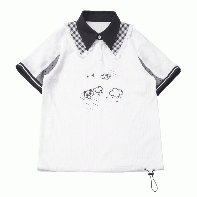 Layered T-shirt Waffle Polo Collar Print Panda Double Graffiti White