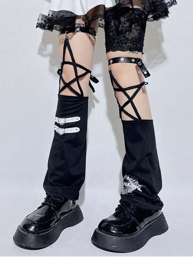 Black Buckle Star-Shaped Straps Leg Warmers