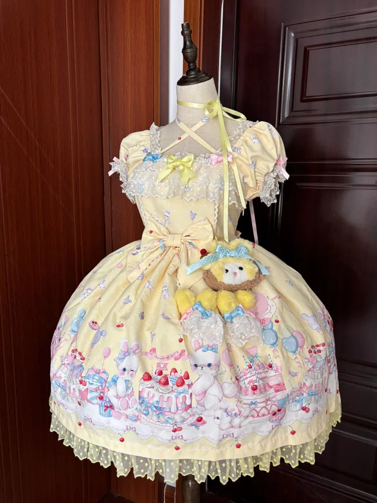 Gelbes süßes Lolita-Kleid mit kurzen Puffärmeln und Bunny and Cake