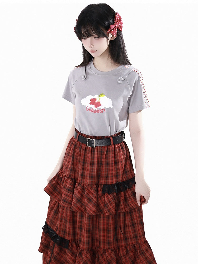 Round Neck Gray Cherry Print T-Shirt