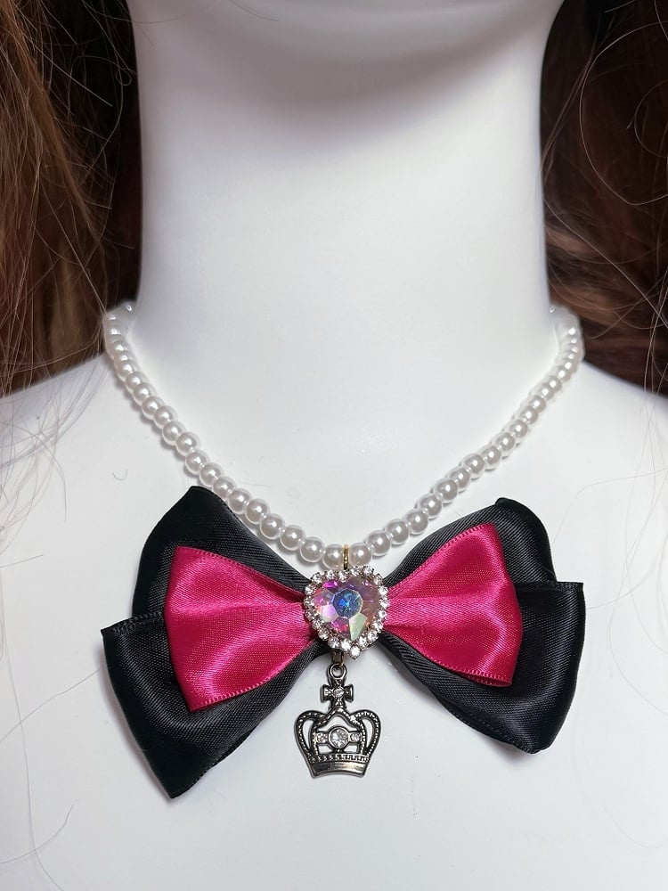 Beaded Haiclip Necklace Bowknot + Ring Lace Pendant Decorated Heart Trim BlackPink Rhinestone