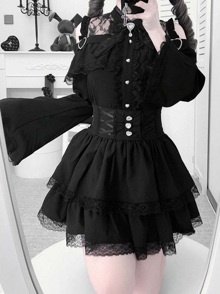 Offenes Jirai Kei Bell Shoulders Black Set: mit Top Three-Piece Sleeves All