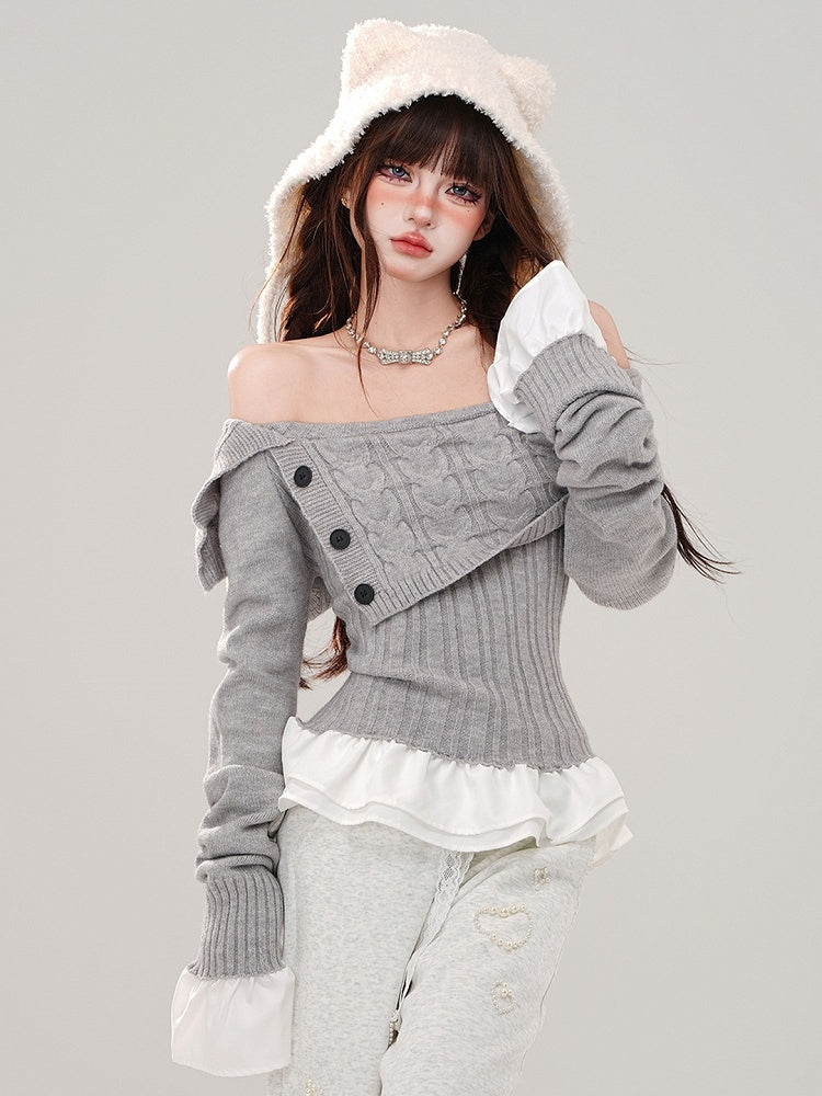 Grau/Marineblauer, schulterfreier Pullover mit schmaler Passform, Saum und Bündchen im Patchwork-Stil