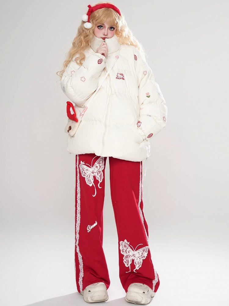 White/Pink Kitties Embroidery High Neck Puffer Jacket