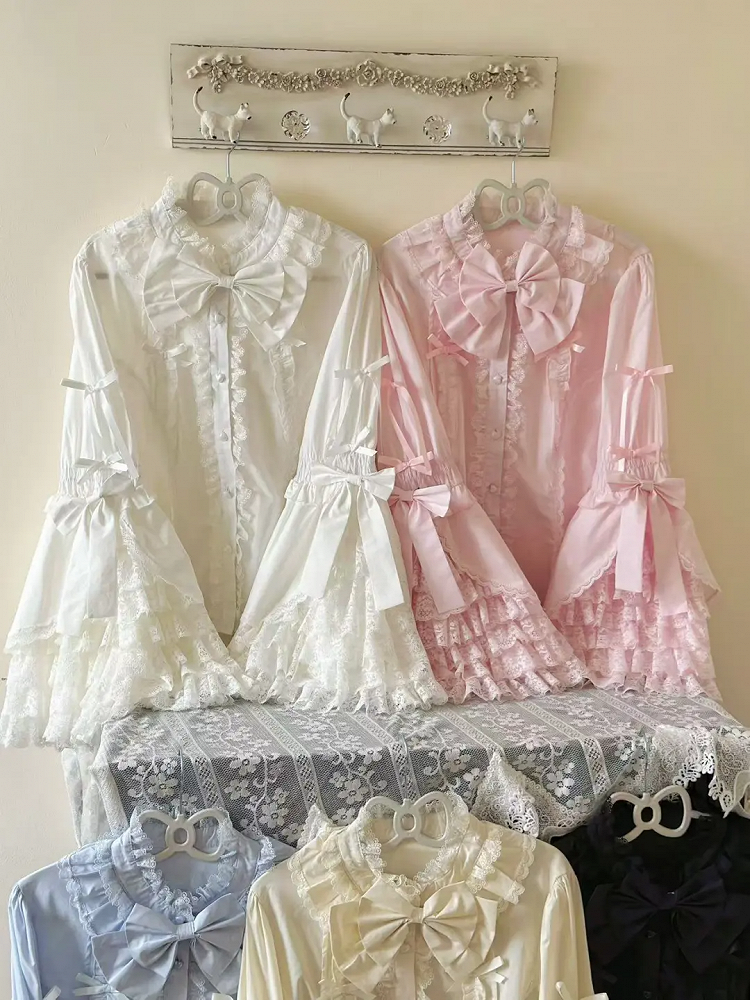 Blau Rosa Bluse Glockengröße Weiß / Lolita Ärmel Plus Aprikose Schwarz