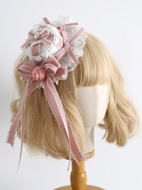 Weiß-Rosa süßer und Mini-Lolita-Hut mit Design-Clips, Herz-Blumenschleife