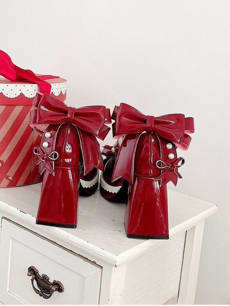 Heart Sweet Red PU Lolita Buckles Strap Bow Bead-Embellished Janes Leather with Mary Accents in Wine