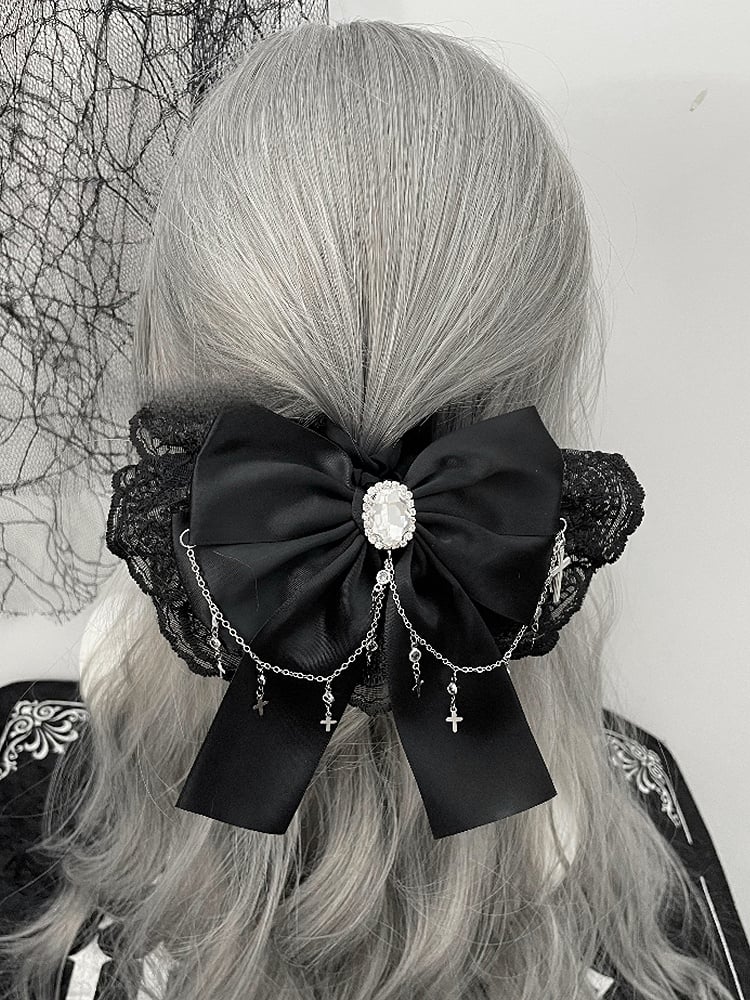 Decorated Rhinestone Hair Cross Bowknot Charm Trim Tie Black/Beige Lace
