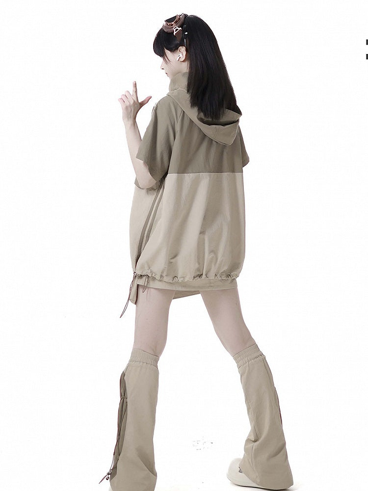 Khaki Snap and Drawstring Detail Techwear Skort