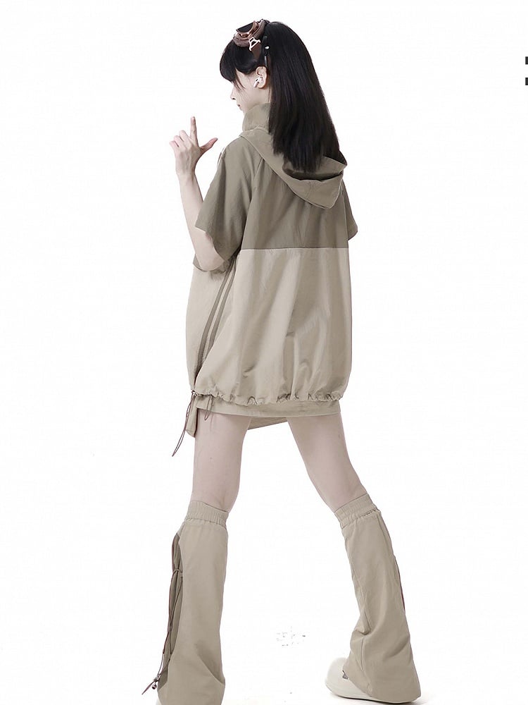 Khaki Colorblock Lightning Embroidery Drawstring Techwear Hooded T-shirt Hem
