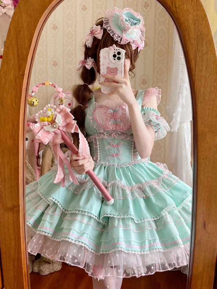Lolita Dress Sweet Polka-dot Green Pink Heart Pattern Ruffled Heart Front Mint