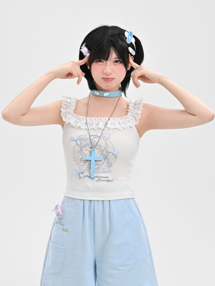 White Ruffled Square Neckline Anime Girl Print Sleeveless Top