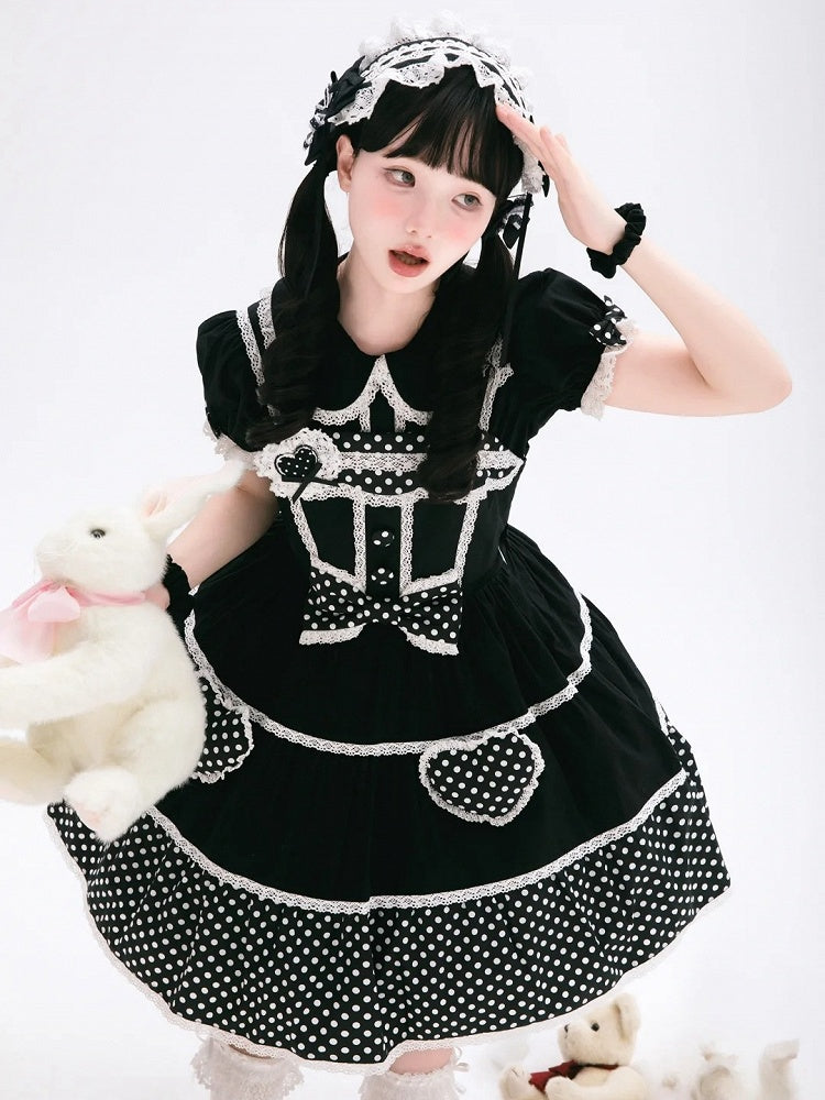 Dress School Polka Old Black Cotton White Dots Lolita