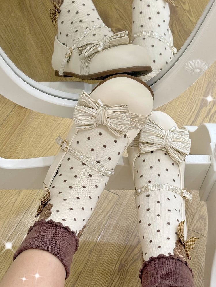 Top Schnalle Zehen Creme Schuhe Perlen Schleife verziert Lolita Weiß Herz Runde bei