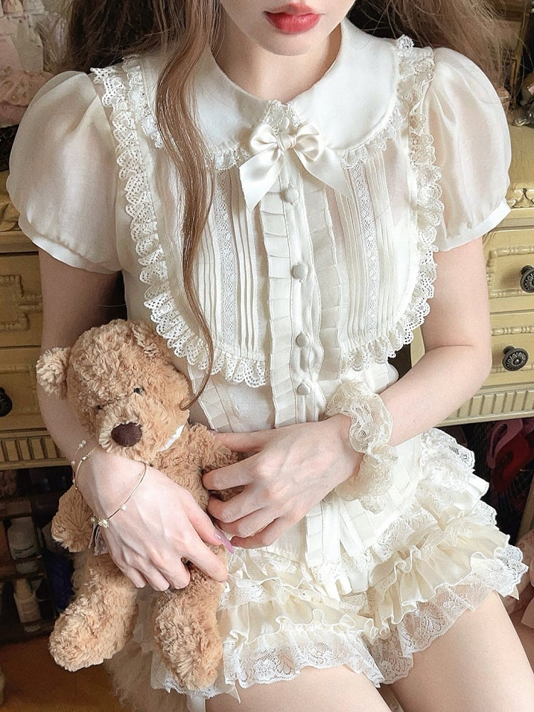 Lace-Trimmed Set Puff Apricot Blouse Cami Sleeve With
