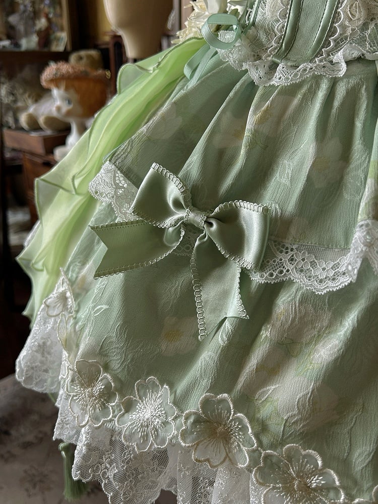 Green Top Frog Buttons Print Corset Skirt + and Jasmine-Embellished Floral Waist Lolita