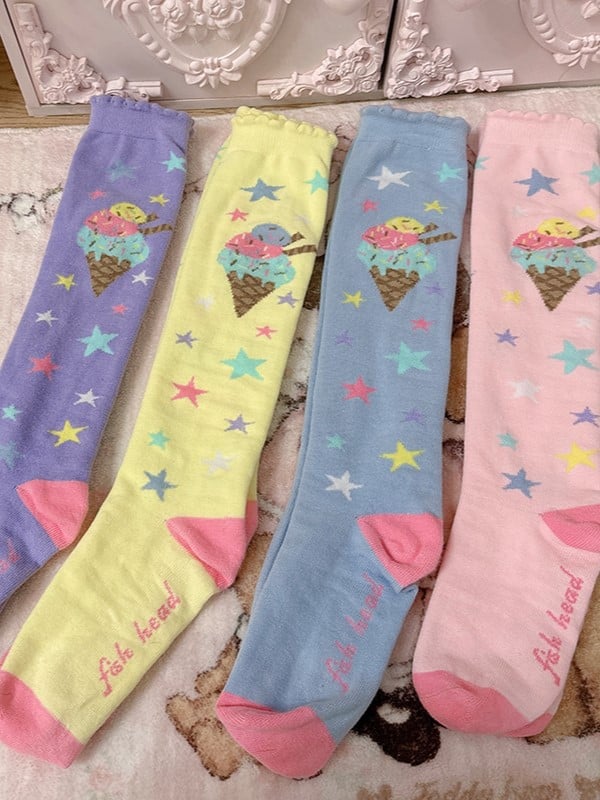 Pink/Blue/Purple/Yellow/White Star Lolita Socks Ice Design Calf Print Cream