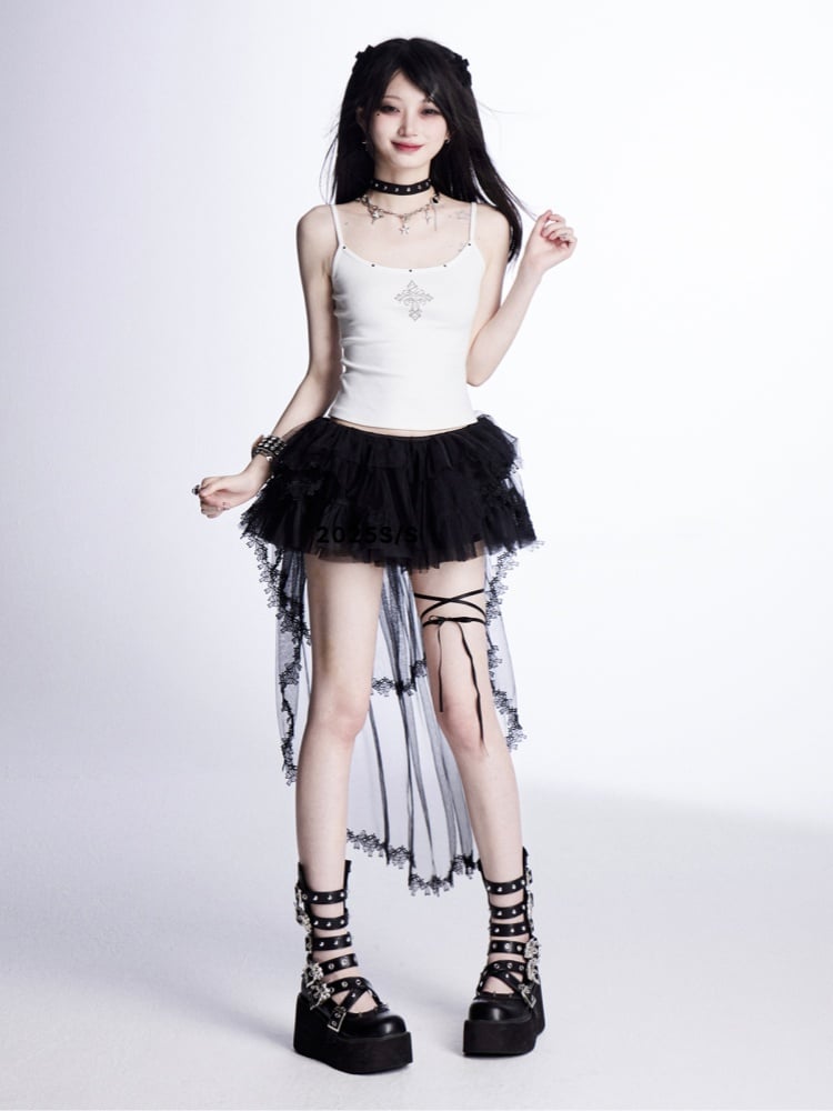 Spitze mit gestuftem Netzrock mit Schleppe, schwarzer Mini