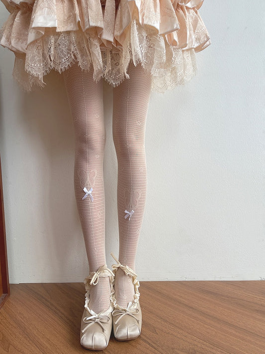 Butterfly Tights Pattern Socks Trim Hollow-out Nude /Lace