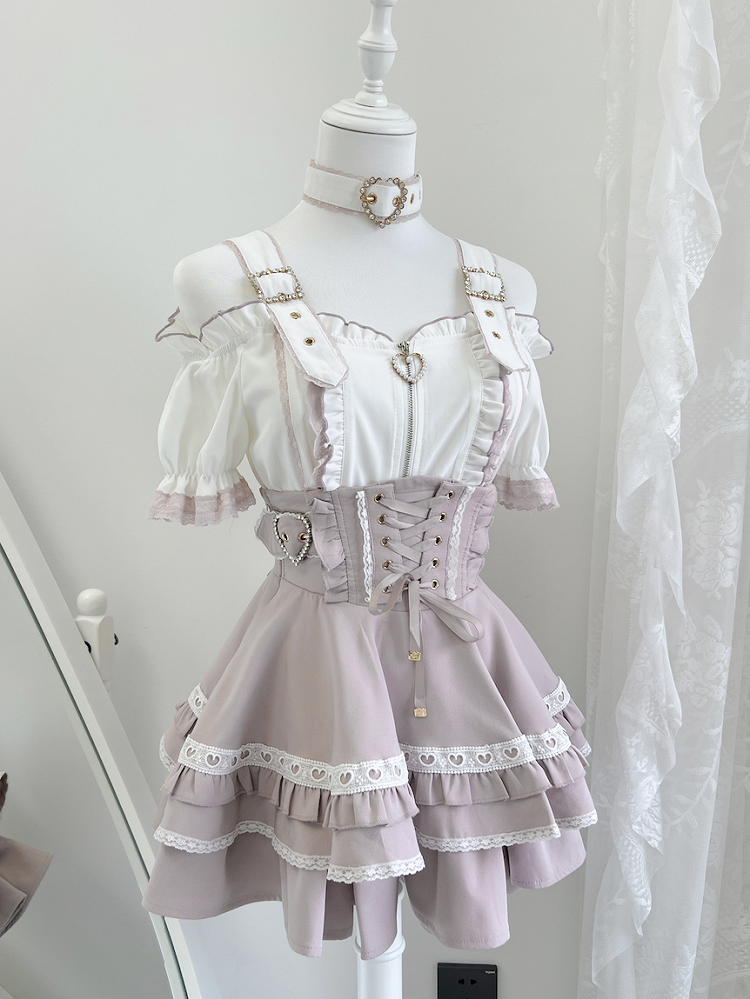 White Pink Short Jirai Kei Off-the-Shoulder Neckline Landmine and with Sleeves Choker Top Free Style