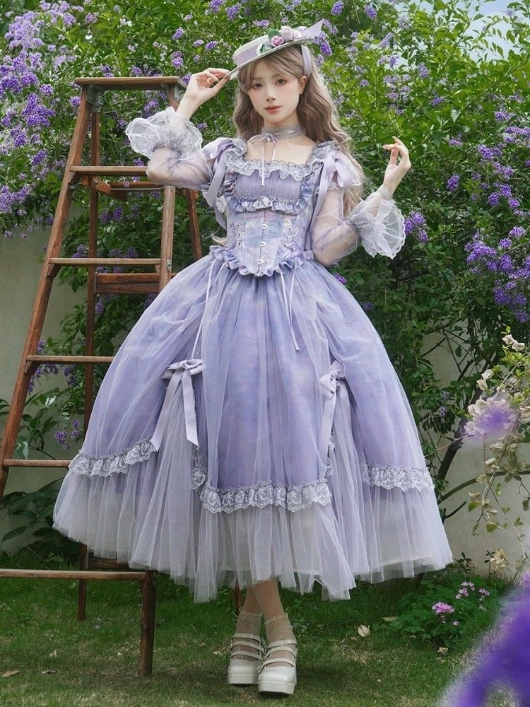 Print Lily Long Oil Dress Water Neckline Painting Sleeves Purple Lolita Skirt Classic Square
