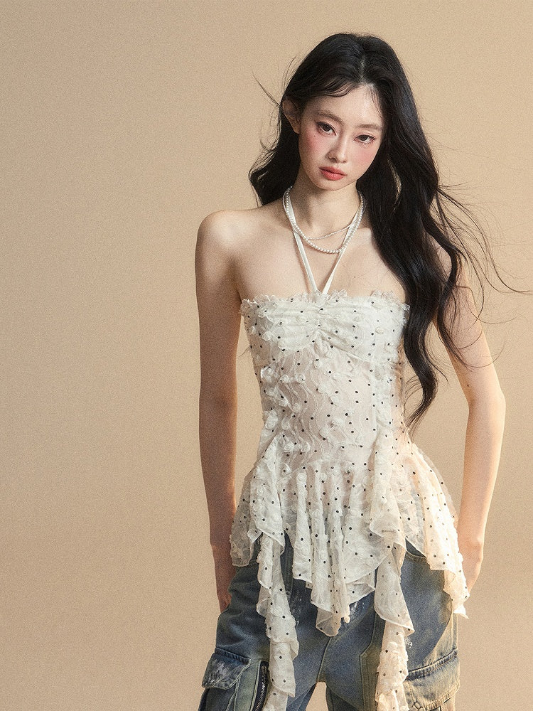 Flounce Hem White Glamorous Halter Neck Polka-dot Top Pattern Asymmetrical Strapless