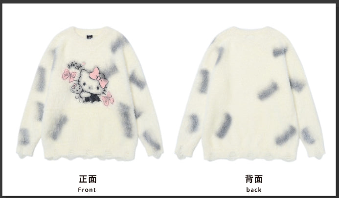 Milk White Kitty Graphic Distress Trim Loose Sweater