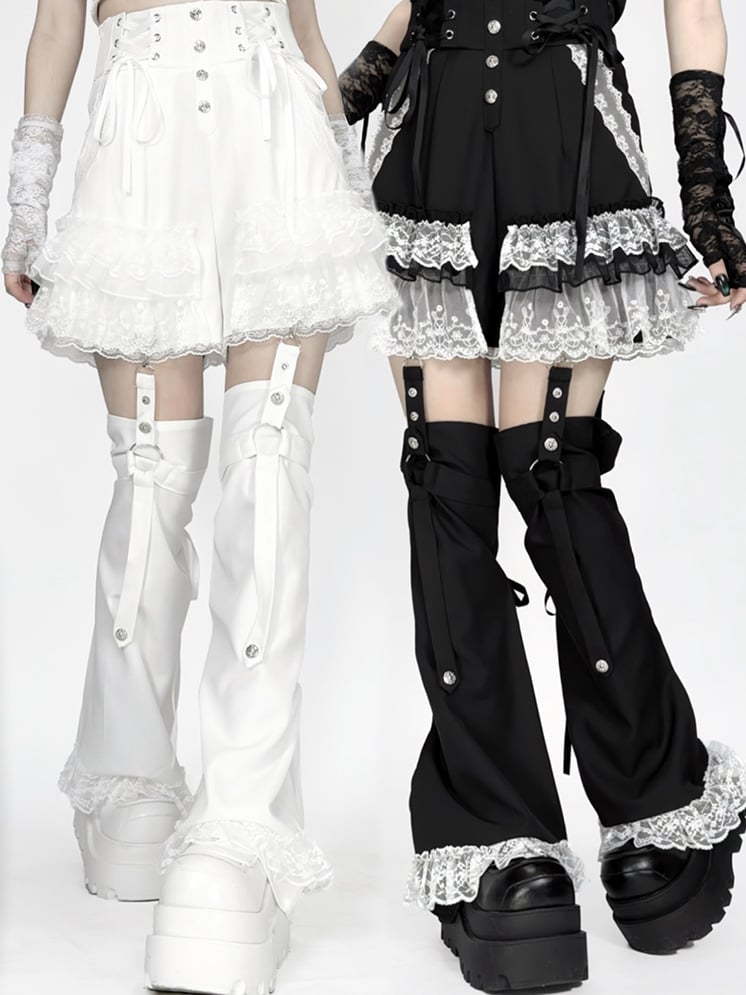 Lace Jirai Black/White/BlackWhite Warmers and with Waist Y2K Shorts: Kei Trim in Tiered Leg Detachable Lace-Up