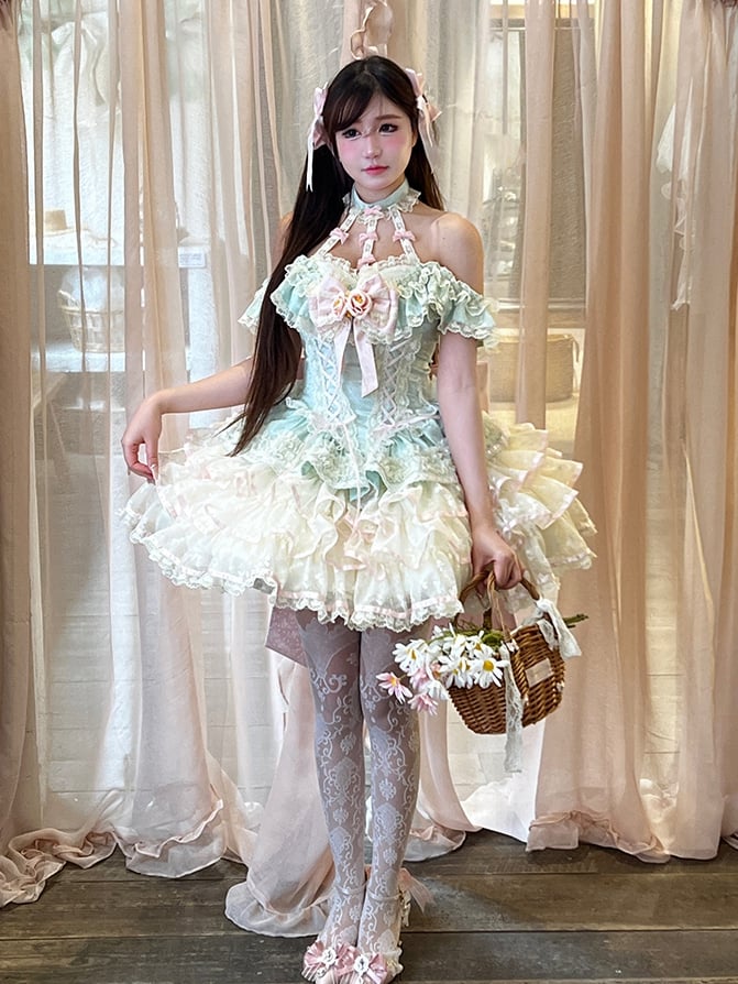 Tiered Skirt Halter Kei Fairy Ruffles Neck Corset Lace Princess Dress Waist Mint Green