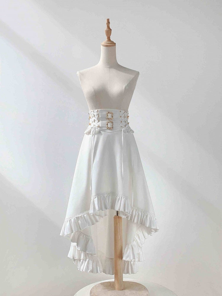 White High Waist Gothic Lolita Cascading Ruffle High-low Skirt