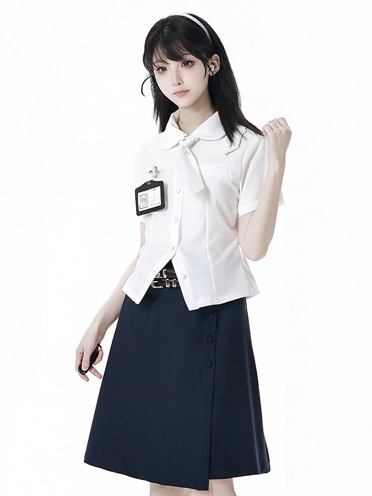 Uniform Navy Blue JK Knee-length Skirt with Double Buckle Belt