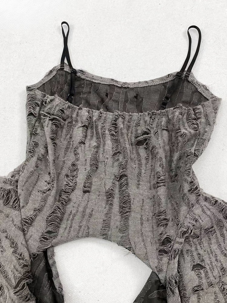 Punk Accents Ruffle Top Distressed Detail Wasteland Cascading Cami Gray
