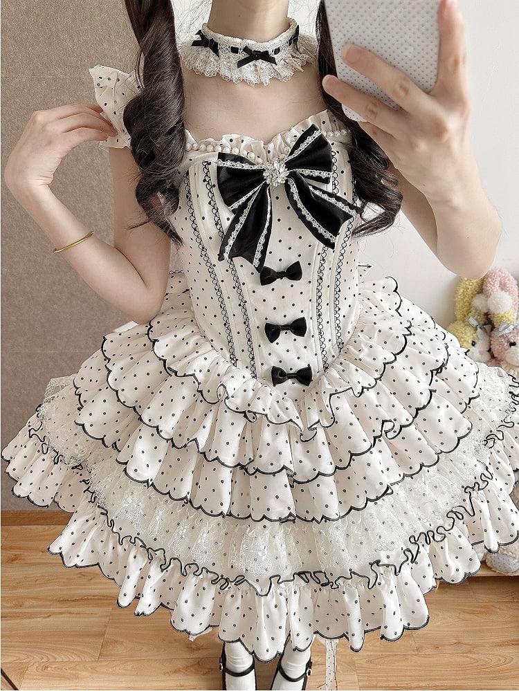 Süßes Lolita-Kleid mit Punkten, vielseitigem OP/JSK-Design und gestuftem Saum, Weiß