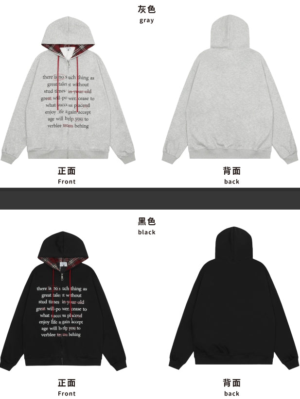 Y2K Schwarz/Grau Buchstaben Lockerer Reißverschluss-Hoodie