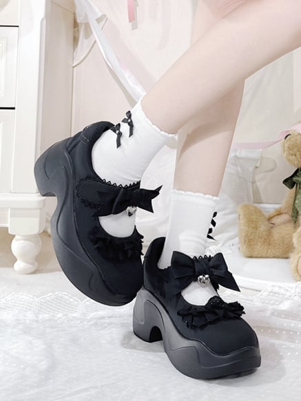 Black Bowknot Lace Strap Jirai Kei Velcro Trim Closures Platforms