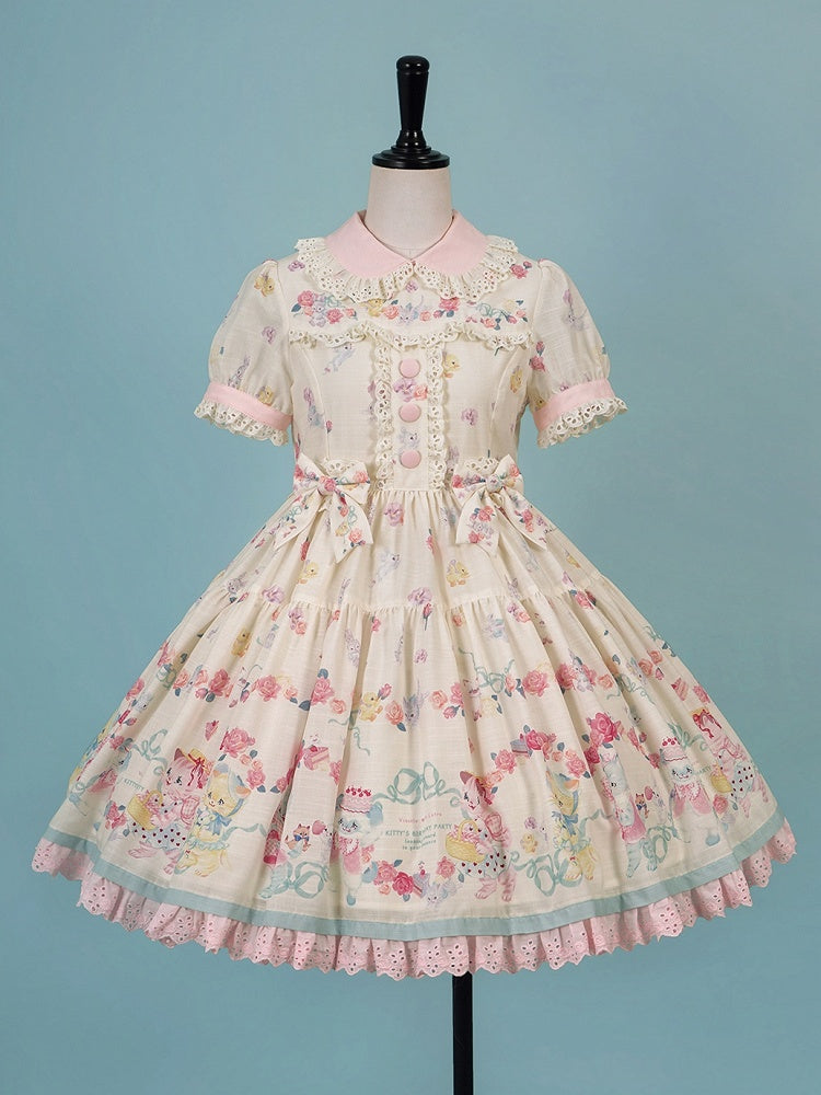 Lolita Scalloped Eyelet Kitty Short Dress with Sleeves Print Creamy Sweet Trims