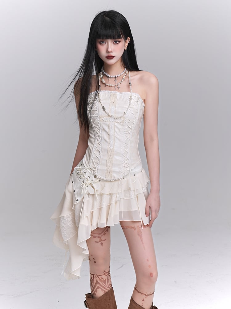 Asymmetrical Hem Tiered Skirt Strapless Top Lace Lace-up Beige Cross Applique /