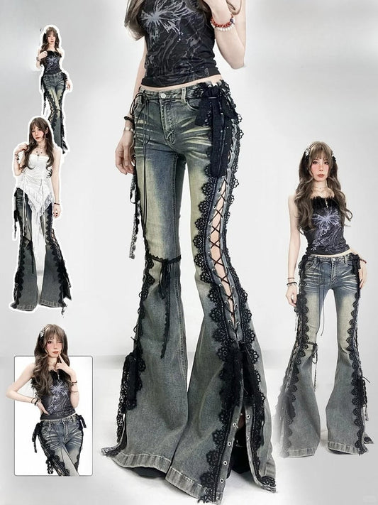 Trim Jeans Lace Blue Bittersweet Detail Flare Glamorous Side Silhouette Lace-up