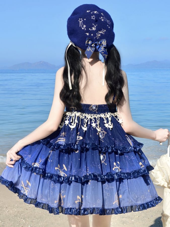 Navy Blue Celestial Globe &Starry Empire Waist Lolita Jumper Skirt