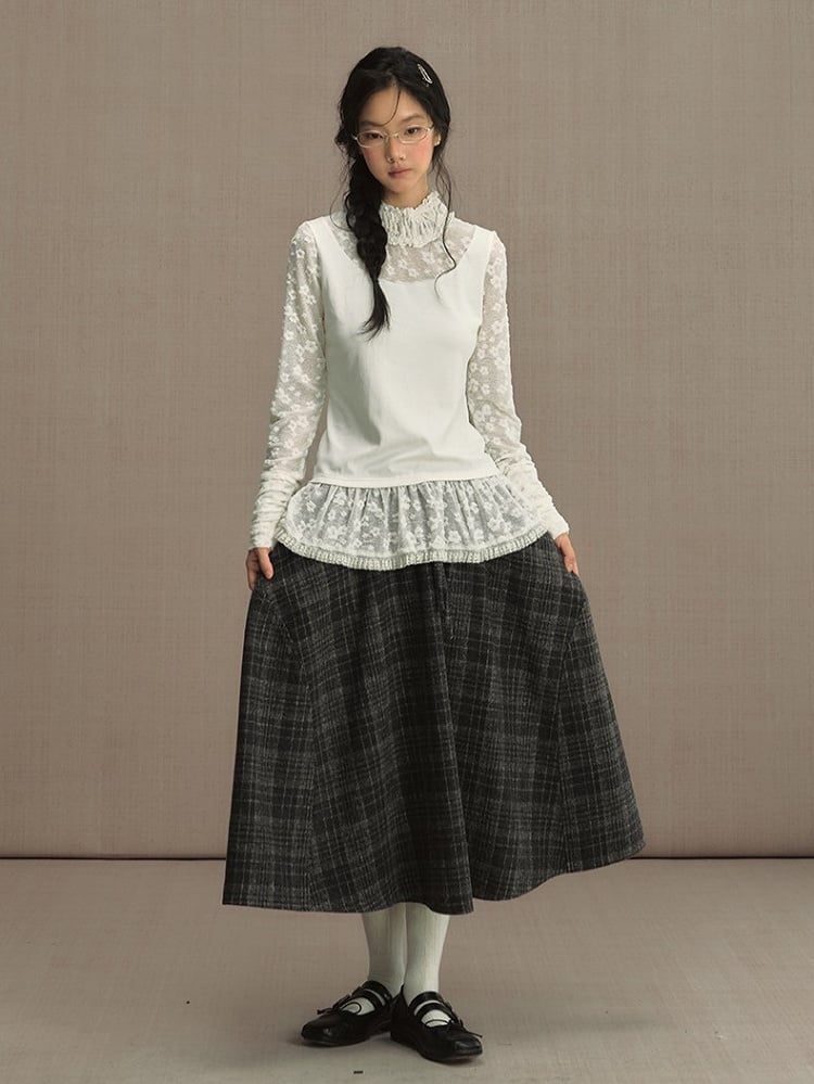 Gray Elastic Waist Tweed Plaid Tea Length Skirt